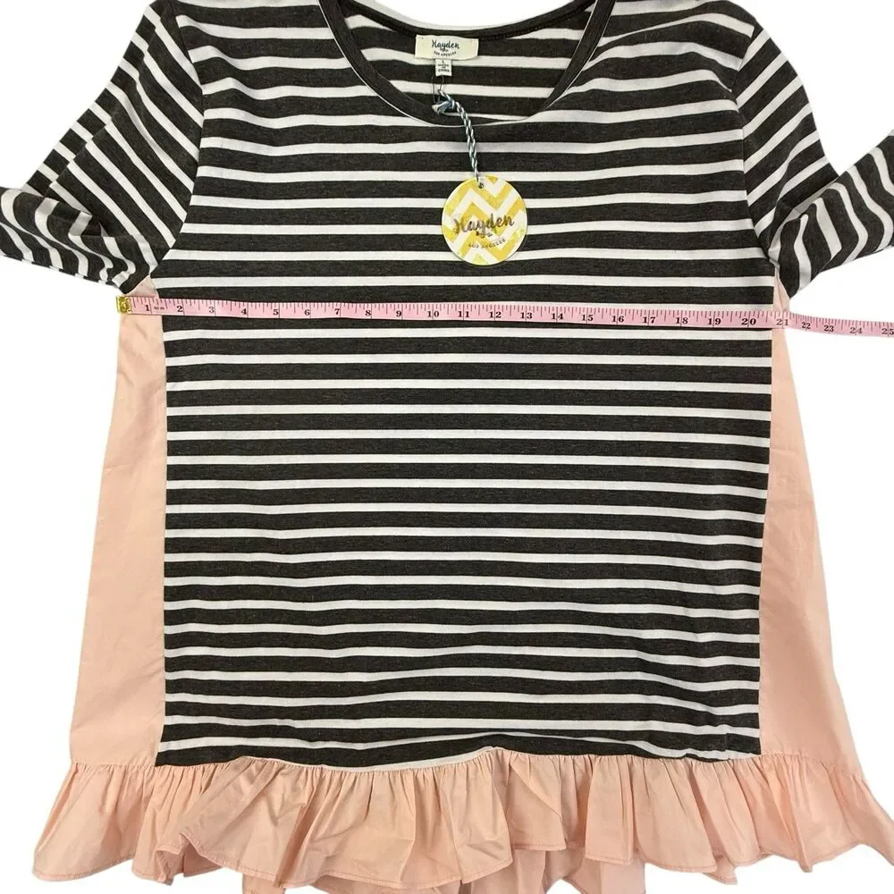 NEW Hayden Long Sleeve Striped Top Women Large Black Pink Ruffles Tunic